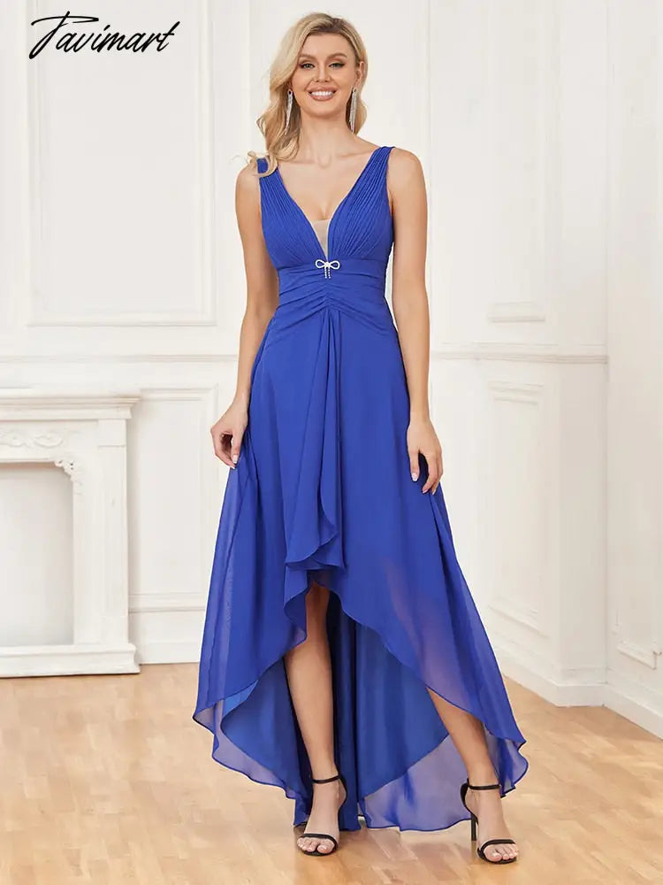 Tavimart Women Elegant V-neck Chiffon Evening Dress A-Line Sleeveless Wedding Party Gown For Bridesmaid New Vestido De Festa