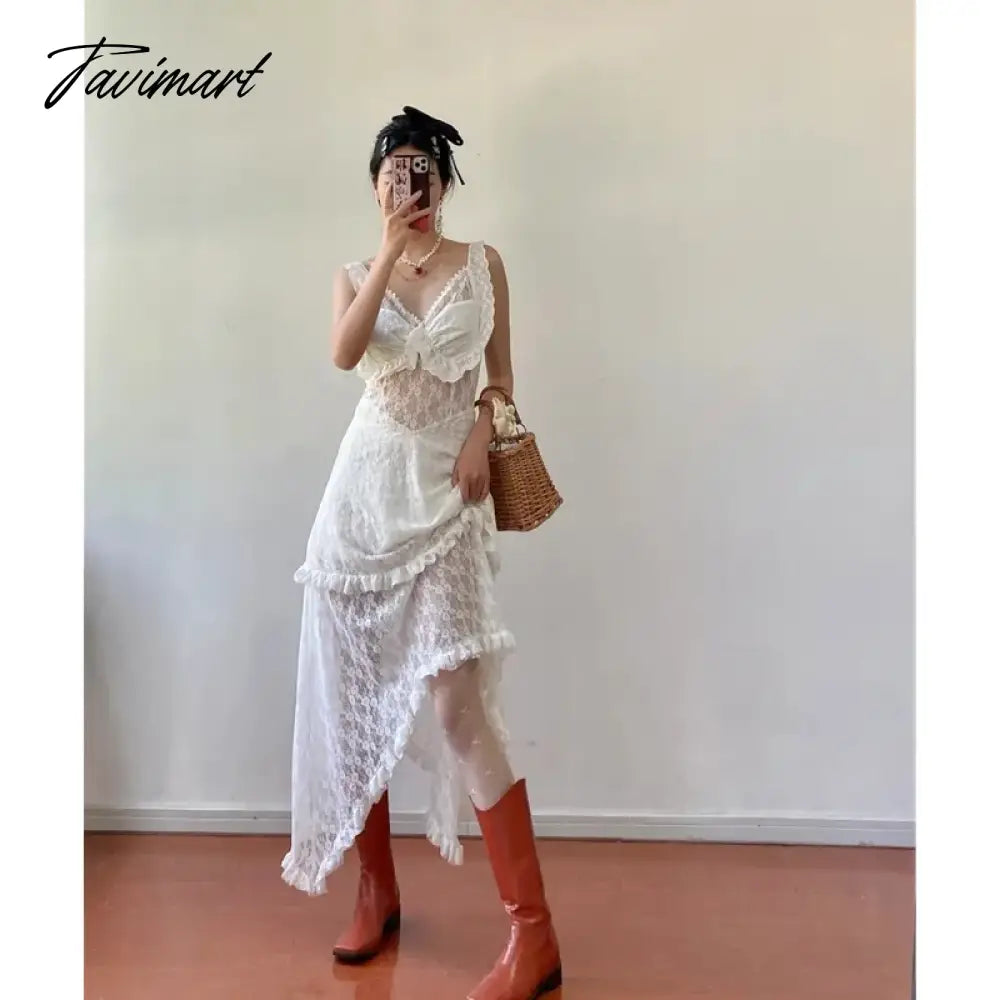 Tavimart Women's Sexy Lace Spaghetti Strap Dress Europe and America Simple Hollow Out Design Sense Female Summer White Irregular Dress Tavimart Women's Sexy Lace Spaghetti Strap Dress Europe and America Simple Hollow Out Design Sense Female Summer White Irregular Dress