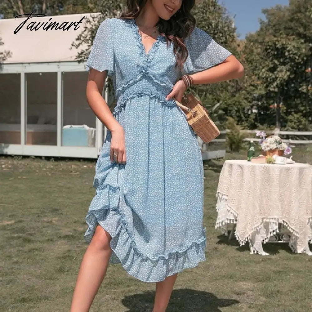 Tavimart Elegant Sexy Leopard Print Women Dress Women Summer Dresses New Casual V-Neck Empire Short Sleeve Ruffle Midi A-line Dress