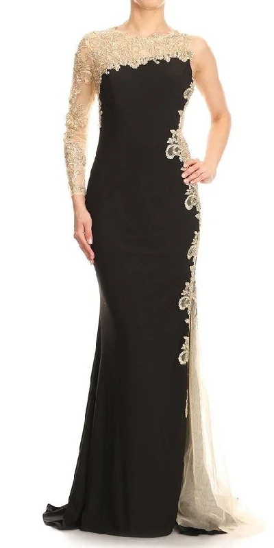 J&J Fashion 3045 Appliqued One-Sleeve Long Dress