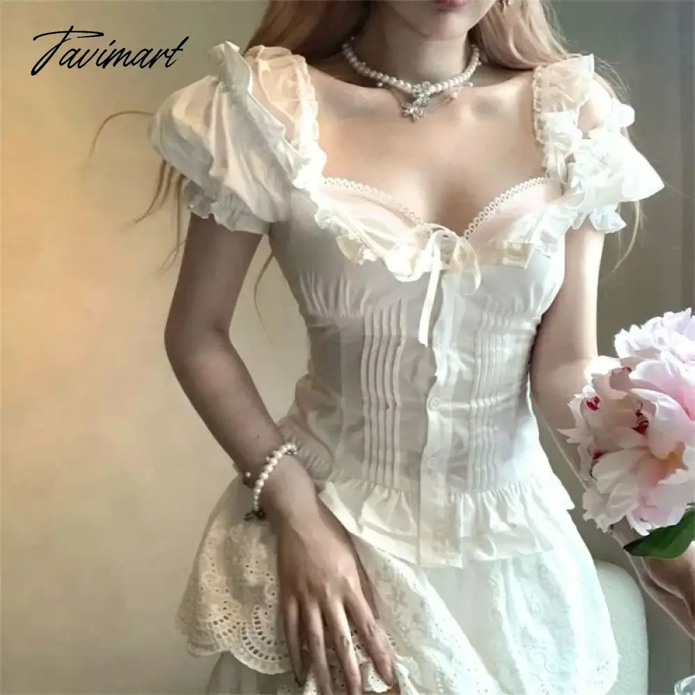 Tavimart Women Dress Lace Patchwork Bubble Sleeved Ruffle Dress Square Collar Bow Three-dimensional Decoration Women Clothing Perspective Tavimart Women Dress Lace Patchwork Bubble Sleeved Ruffle Dress Square Collar Bow Three-dimensional Decoration Women Clothing Perspective