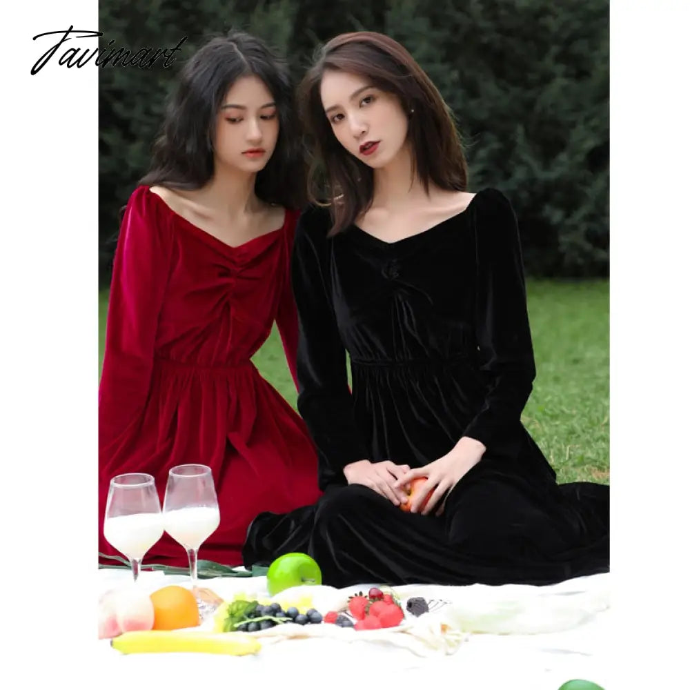Tavimart Free Shipping New Velvet Spring And Autumn Women Long Mid-calf V-neck XS-L Vintage Dresses Back And Red Beaded Dresses