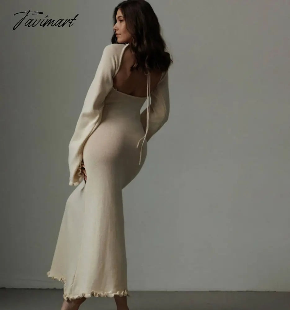 Tavimart Autumn Women Sexy Backless Slim Comfortable High Waist Lace-Up A-Line Dress Trumpet Sleeve O-Neck Wooden Ear Edge Dress