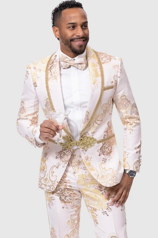 Mens 80s Prom Suit Perfect Outfit - Mens White & Gold Paisley Prom & Wedding Tuxedo White and Silver Prom Dress Mens 80s Prom Suit Perfect Outfit - Mens White & Gold Paisley Prom & Wedding Tuxedo White and Silver Prom Dress