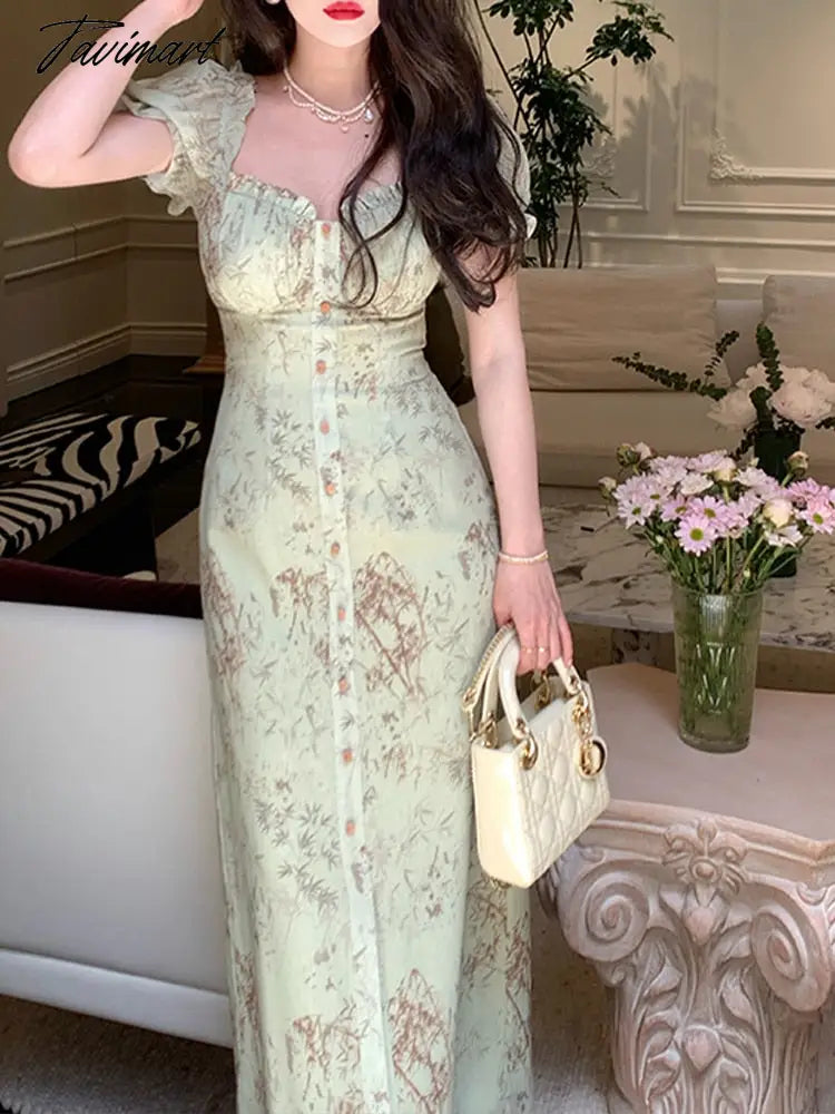 Print Dress for Women Short Sleeve French Style Vintage Dress Slim Midi A Llne Square Collar New Spring Summer Dress Print Dress for Women Short Sleeve French Style Vintage Dress Slim Midi A Llne Square Collar New Spring Summer Dress