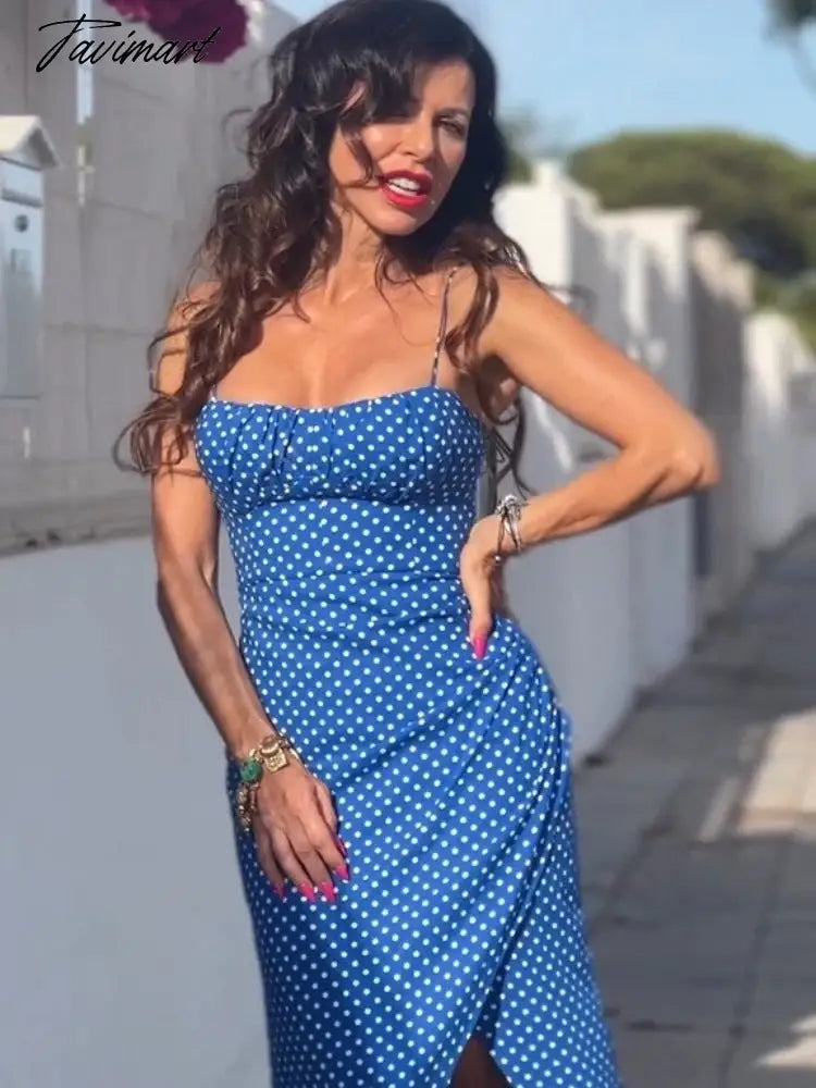 Tavimart Dot Printing High Waist Split Blue Sling Dress Sexy Sleeveless Backless Long Dresses Women Summer Holiday Beach Vestidos Tavimart Dot Printing High Waist Split Blue Sling Dress Sexy Sleeveless Backless Long Dresses Women Summer Holiday Beach Vestidos