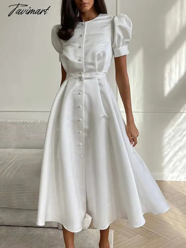 Tavimart Women Fashion Slit Dress Elegant Puff Sleeve Dress Summer Casual O Neck Single Breasted Long Dress Female A-line Outwear Dress