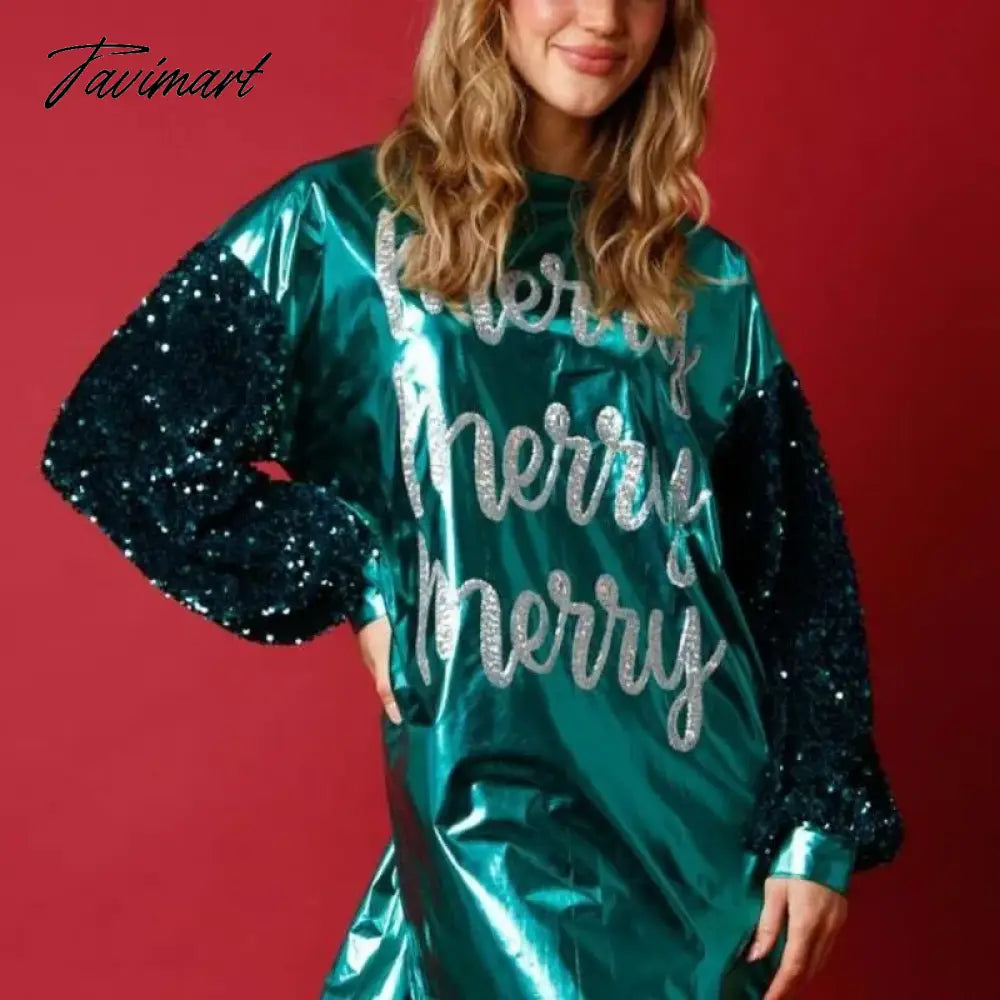 Tavimart Christmas Skirt Women Clothes New Fashion Sequined Patchwork Printed Dress