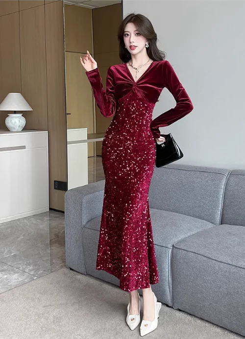 Elegant Long - sleeve Burgundy Velvet Sequin Mermaid Dress