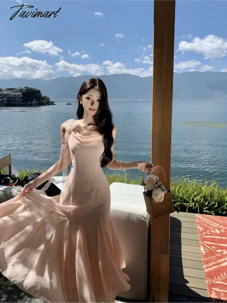 Tavimart Sweet Elegant Pink Slip Backless Ruffles Pleated Fishtail Long Dresses Women Sexy Birthday Party Prom Evening Dress 2024 Summer