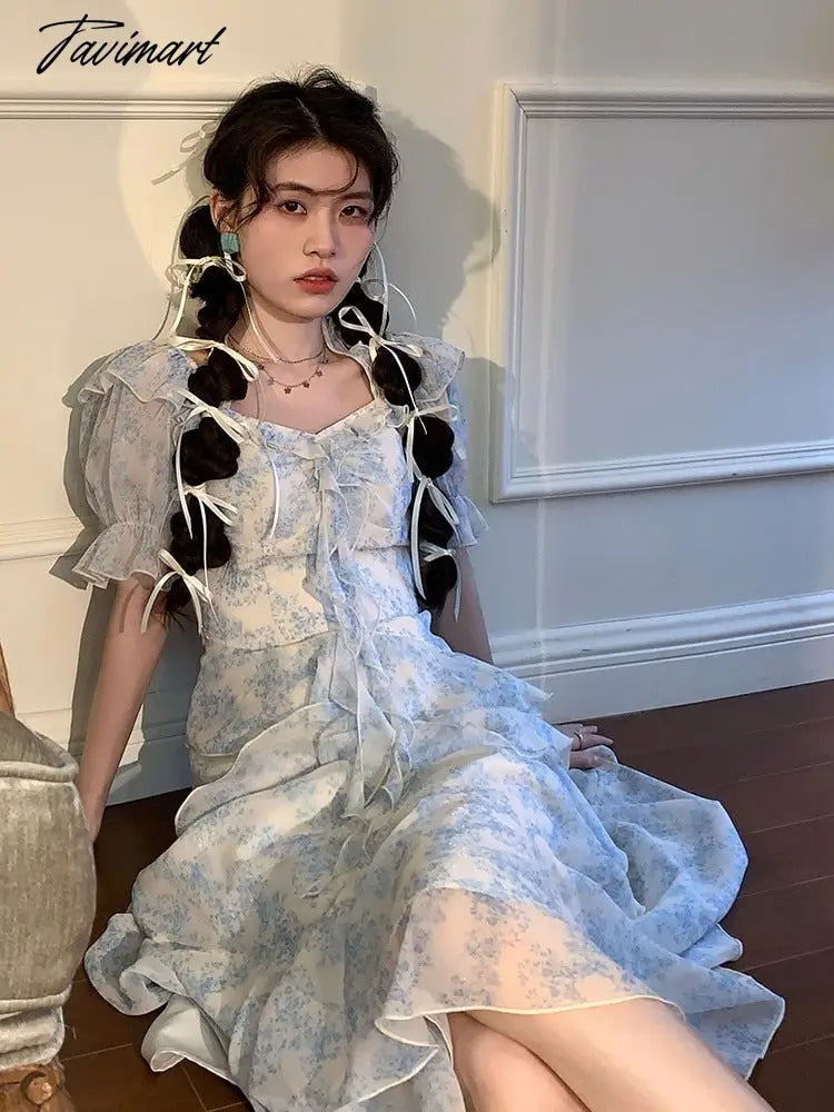 Tavimart Summer Elegant Floral Print Ruffle Dress Women Puff Sleeve Fairy Party Lady Holiday Beach Blue Chiffon Dress