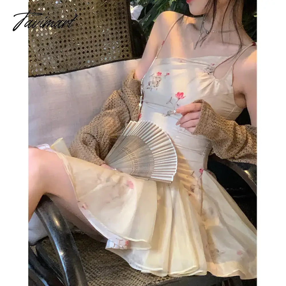 Tavimart Women's Dress Apricot Short Skirt Summer New Chinese Style Fashion Suspender Dress Women's Design Dress Ball Gown Short Skirt