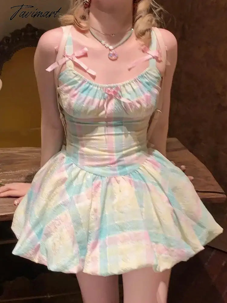Tavimart Y2k Aesthetic Rainbow Contrast Color Plaid Vestidos Sweet Bow Ball Gown Dress Summer Kawaii Fashion Women Dresses Tavimart Y2k Aesthetic Rainbow Contrast Color Plaid Vestidos Sweet Bow Ball Gown Dress Summer Kawaii Fashion Women Dresses