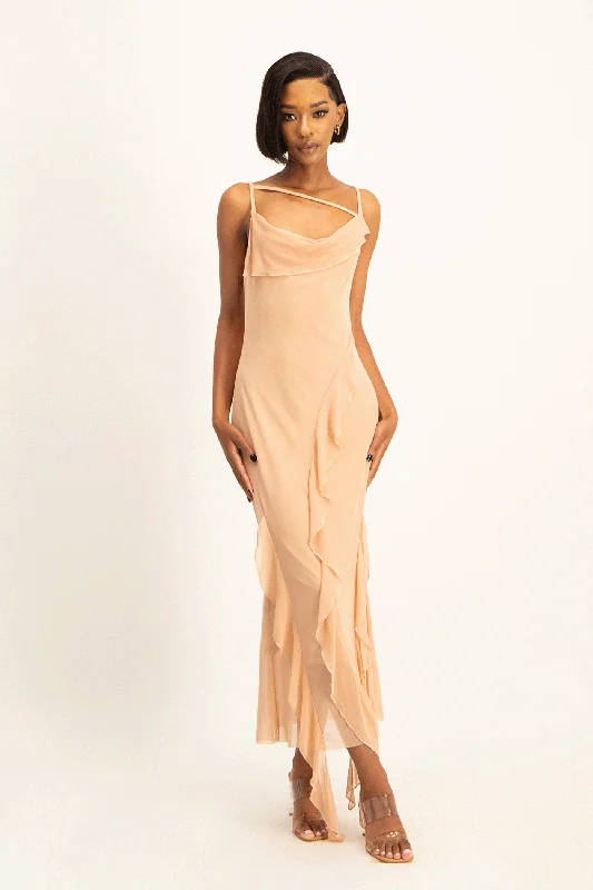 Keira Cowl Neck Ruffle Dress - Nude