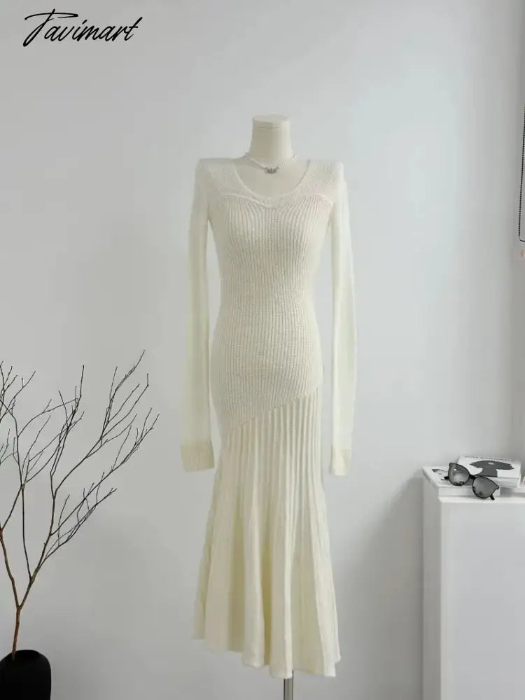 TAVIMART -  Korean Sweet Hot Girl Long-sleeved Dress Women's Autumn/Winter Slim Fit V-neck Knitted Mermaid Dress Fashion Female Clothes