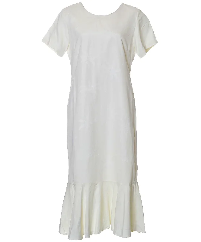 Off-White Tea Length Silk Dress Tropical Palms with Sleeves