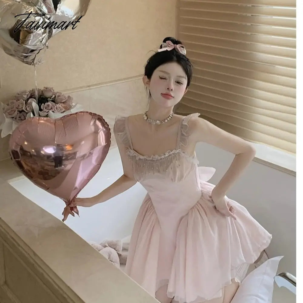 Tavimart French High Waist Strap Dress Women Fairy Summer Short Pink Party Princess Puffy Dress Evening Dresses Vestidos De Mujer