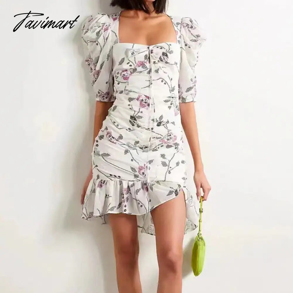 Tavimart Spring and Summer New Women Printed Square Collar Pleated Waist Slim Fishtail Dress