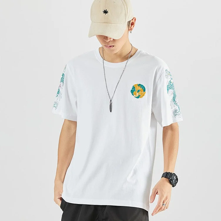 Dragon Embroidery 100% Cotton Short Sleeve Unisex T-shirt Wool Fabric Cashmere Fabric Tweed Fabric