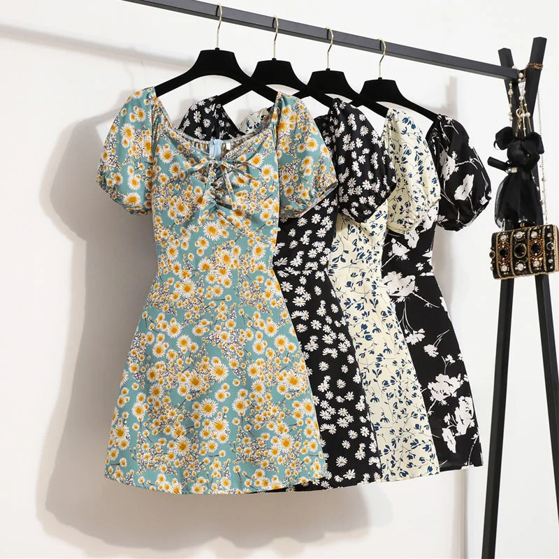 Summer New Short Skirt Bubble Sleeves Waist Thin Small Temperament Floral Dress Tunics Fleece cozy Summer New Short Skirt Bubble Sleeves Waist Thin Small Temperament Floral Dress Tunics Fleece cozy