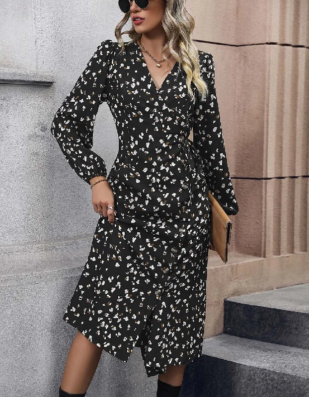Disty Floral V Neck Mid-Waist Ruffle Button Belted Long A-Line Dresses Tunics Timeless classic