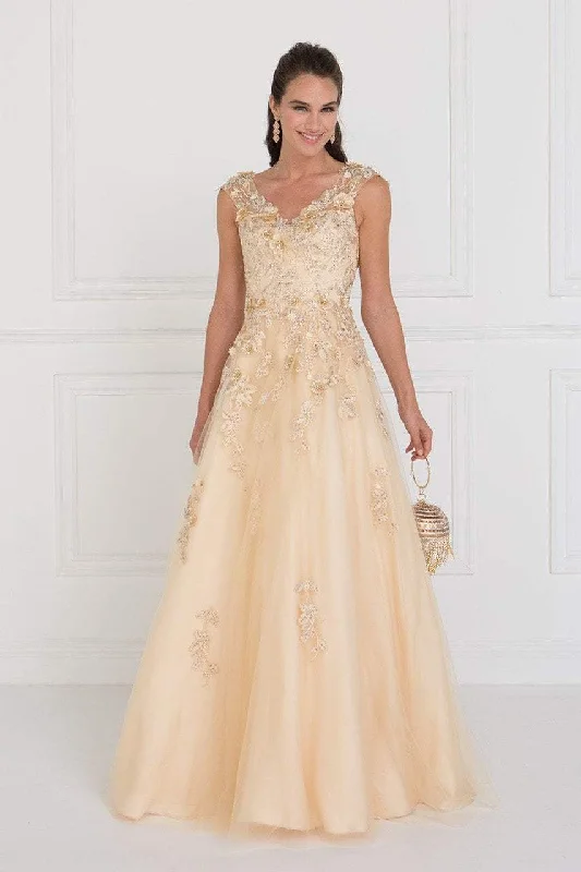 Elizabeth K GL1517- Beaded Applique Cap Sleeve Long Dress