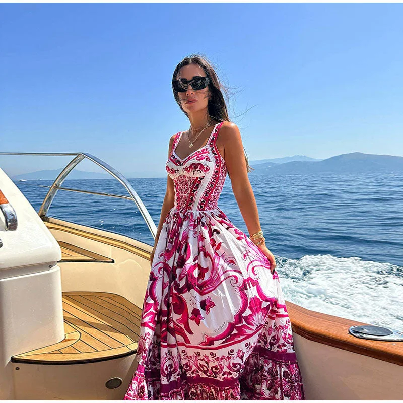 Floral A Line Holiday Dress Women Fsahion High Waist Puff Hem Maxi Vestidos Fashion Banquet Prom Formal Dresses Lady Cowl Neckline Elegant