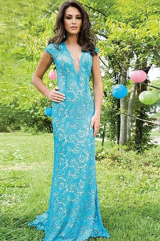 Jovani 78450 Lace Plunging Neckline Long Dress Boat Neckline Classic