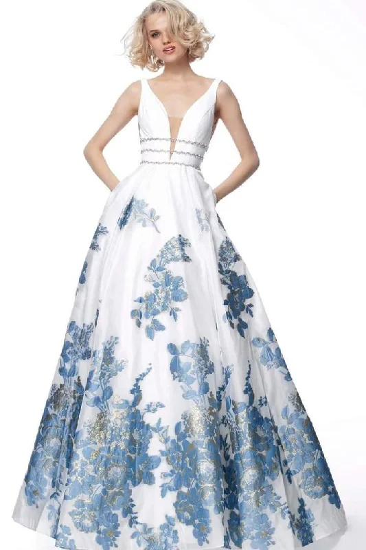 Jovani 67037 Low V-Neck Floral A-Line Long Dress Square Neckline Feminine