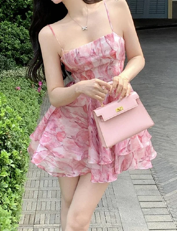 Romantic Tulip Small Pink Dress Waist Sling High Waist Floral Dress Tunics Mesh breathable