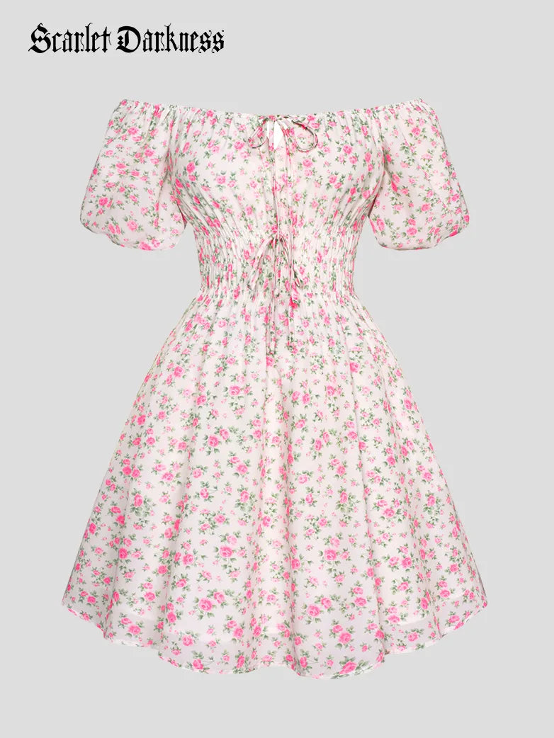 Victorian Puffy Sleeve Floral Elastic Waist Pocket Dress Tunics Leisure comfortable