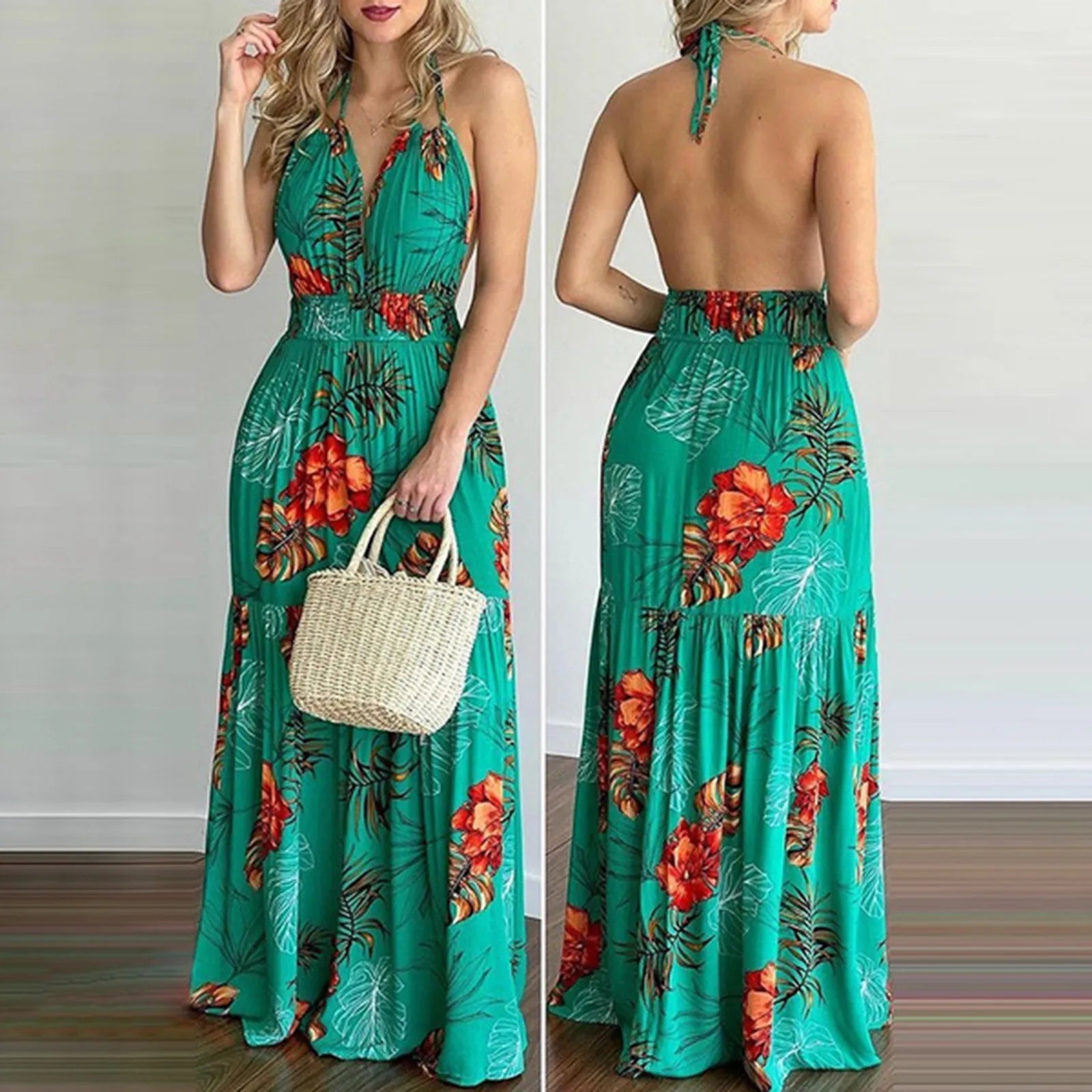 Summer Long Dress Bohemia Floral Casual Dresses Sexy Backless Halter Strapless 2023 Beach Sundress Vacation Clothes For Women Tunics Lace romantic Summer Long Dress Bohemia Floral Casual Dresses Sexy Backless Halter Strapless 2023 Beach Sundress Vacation Clothes For Women Tunics Lace romantic