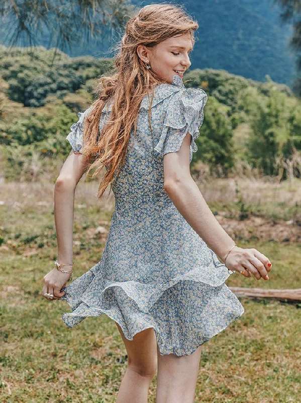 Summer Women's Pastoral Floral Lotus Leaf Collar Waist Slimming Dress Cowl Neckline Elegant