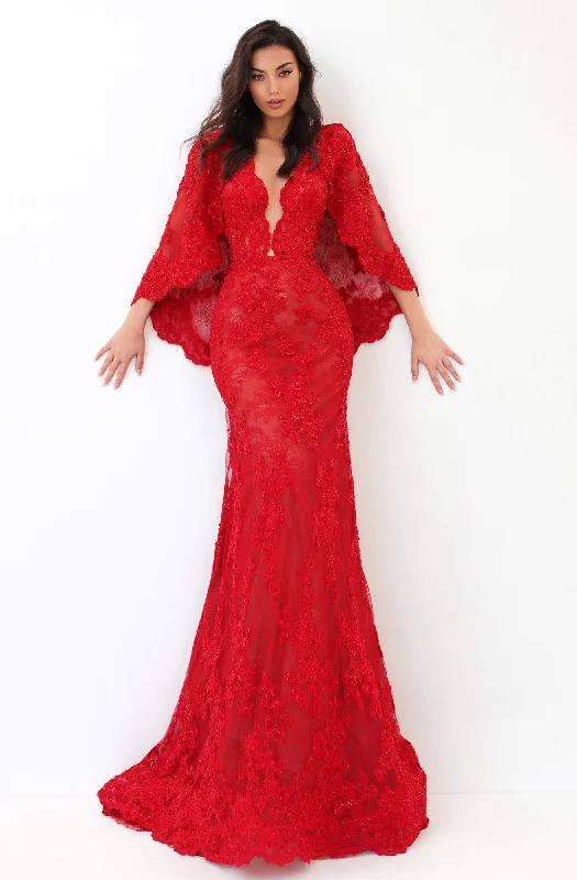 Tarik Ediz - 93925 Cape Sleeves Embroidered Trumpet Gown empire Waist empire
