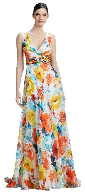 Theia - 881628SC Floral V-Neck Ruched Waist A-line Dress A-Line Day Work