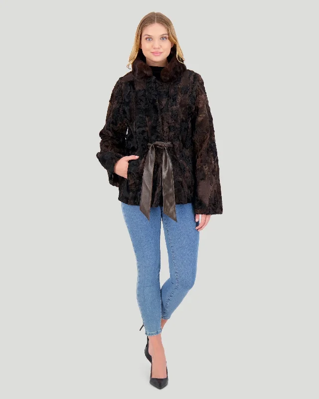 Lamb Jacket with Mink Stand Collar Hoodie Zip-Up Jacket Button-Up Jacket