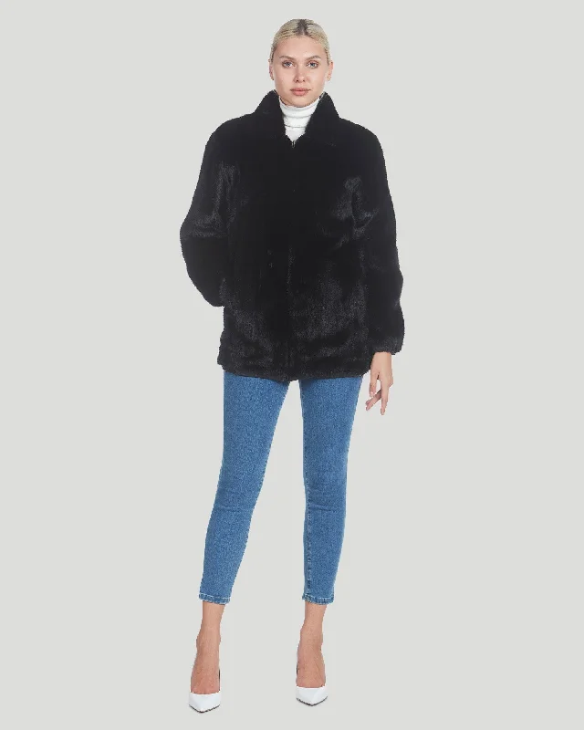 Mink Bomber Zip Jacket Reversible To Black Leather Jersey Jacket Tulle Jacket Batik Jacket