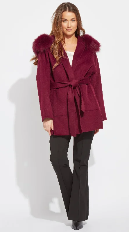 The London Cashmere & Fox Fur Belted Coat - Bordeaux Stretchy Active Jacket