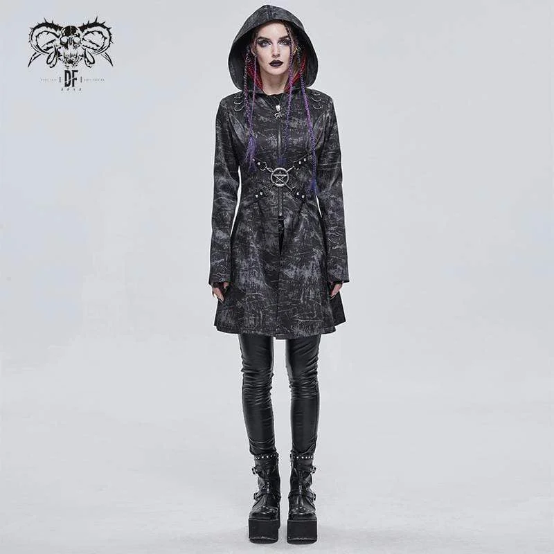 Women's Gothic Slim Fitted Strappy Coat with Hood Buttoned Peplum Coat