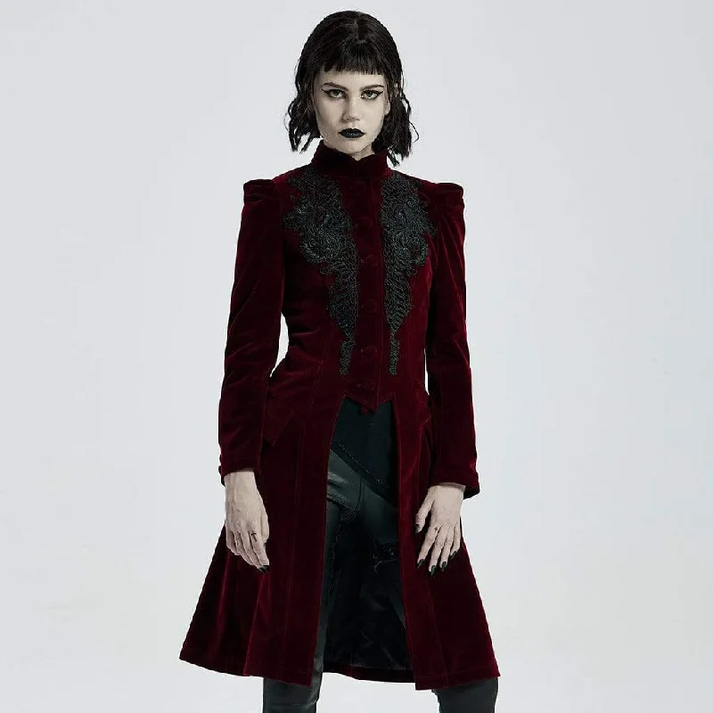 Women's Victorian Gothic Stand Collar Floral Woolen Dovetail Coats Luxe Satin Long Coat