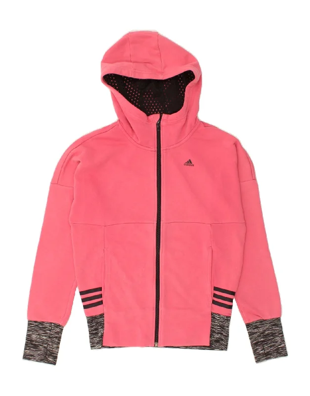 ADIDAS Girls Zip Hoodie Sweater 13-14 Years Pink Colourblock Cotton Collared Crew Neck Turtle Neck