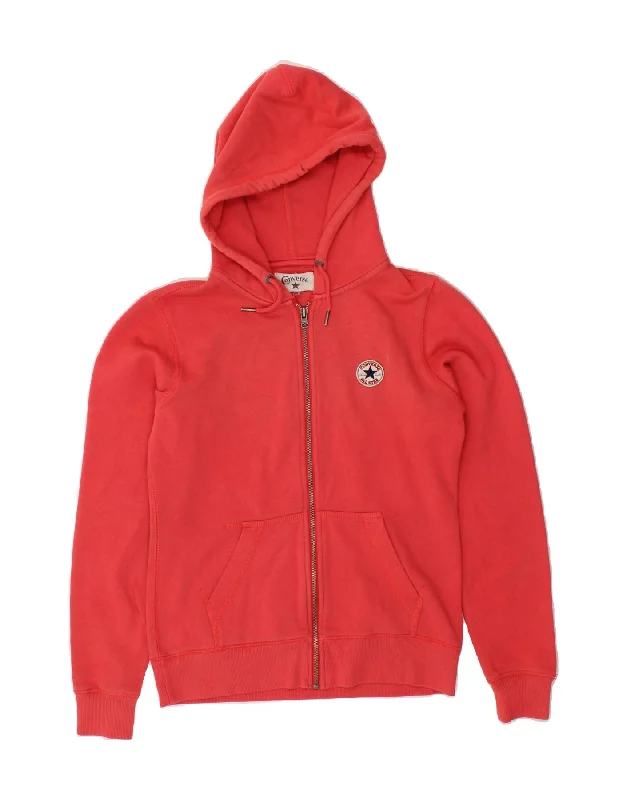 CONVERSE Womens Zip Hoodie Sweater UK 12 Medium Red Cotton Iron Safe Non-Iron Wrinkle Free