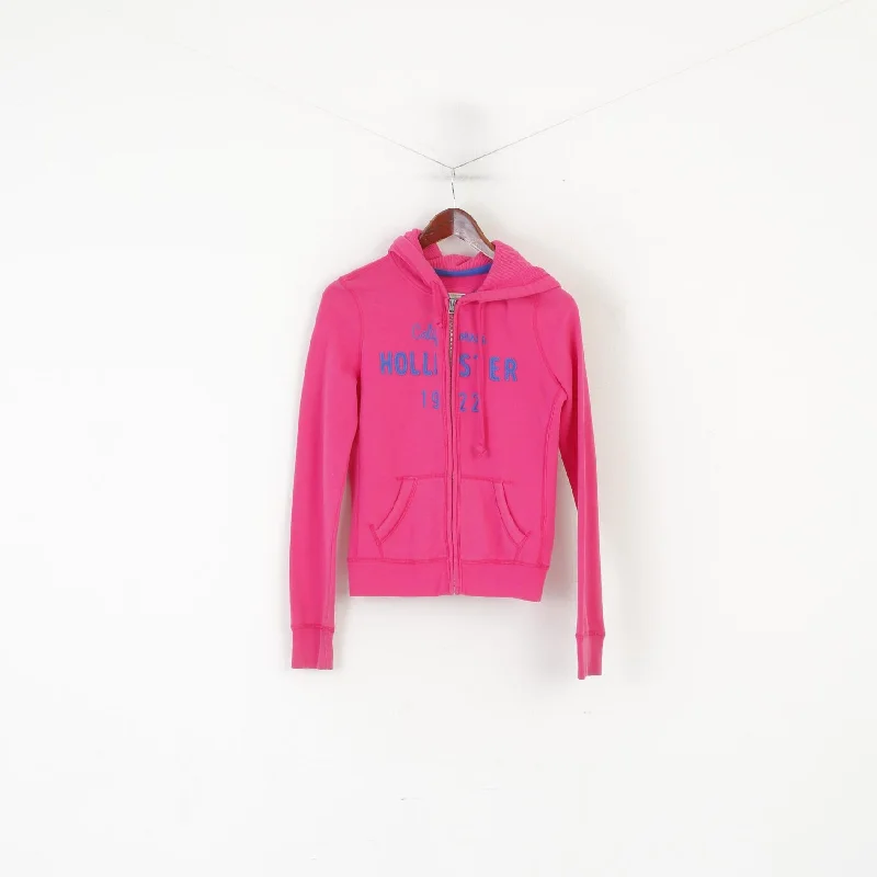 Hollister Women S Sweatshirt Pink Cotton Emroidered Hooded Full Zip Top Hoodie with Oversized Fit Loose Comfortable