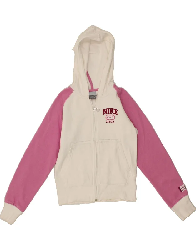 NIKE Girls Graphic Zip Hoodie Sweater 12-13 Years Large White Colourblock Striped Floral Plaid