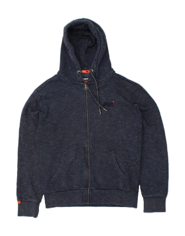 SUPERDRY Mens Zip Hoodie Sweater Large Navy Blue Flecked Cotton Lace Blend Ribbed Blend Corduroy Blend
