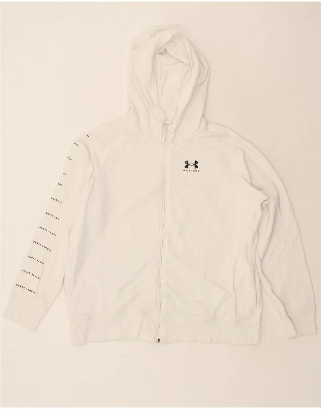 UNDER ARMOUR Mens Graphic Zip Hoodie Sweater Large White Cotton Lightweight Heavyweight Midweight