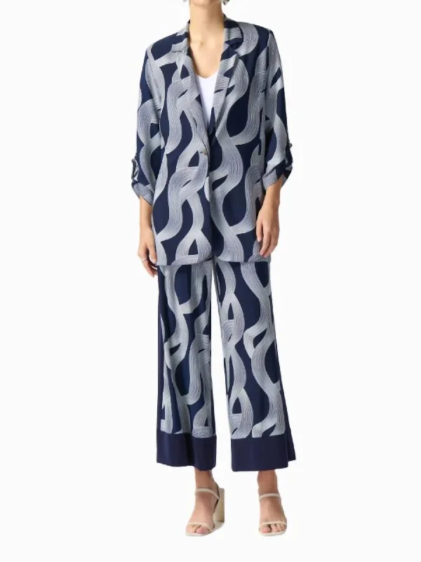 Abstract Print Boxy Blazer In Midnight Blue/vanilla Women's Simple Blazer