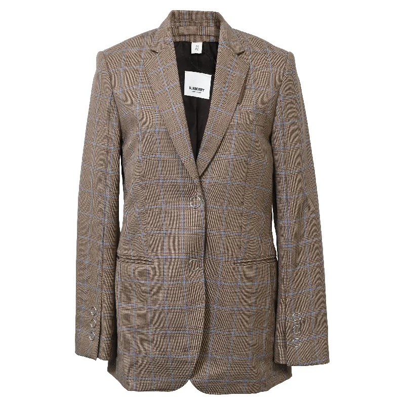 Burberry Single-Breasted Checkered Print Blazer in Brown Wool Women's Solid Blazer