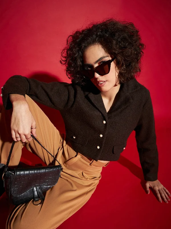 Women Burgundy Tweed Notch Collar Crop Blazer Women's Plaid Suit