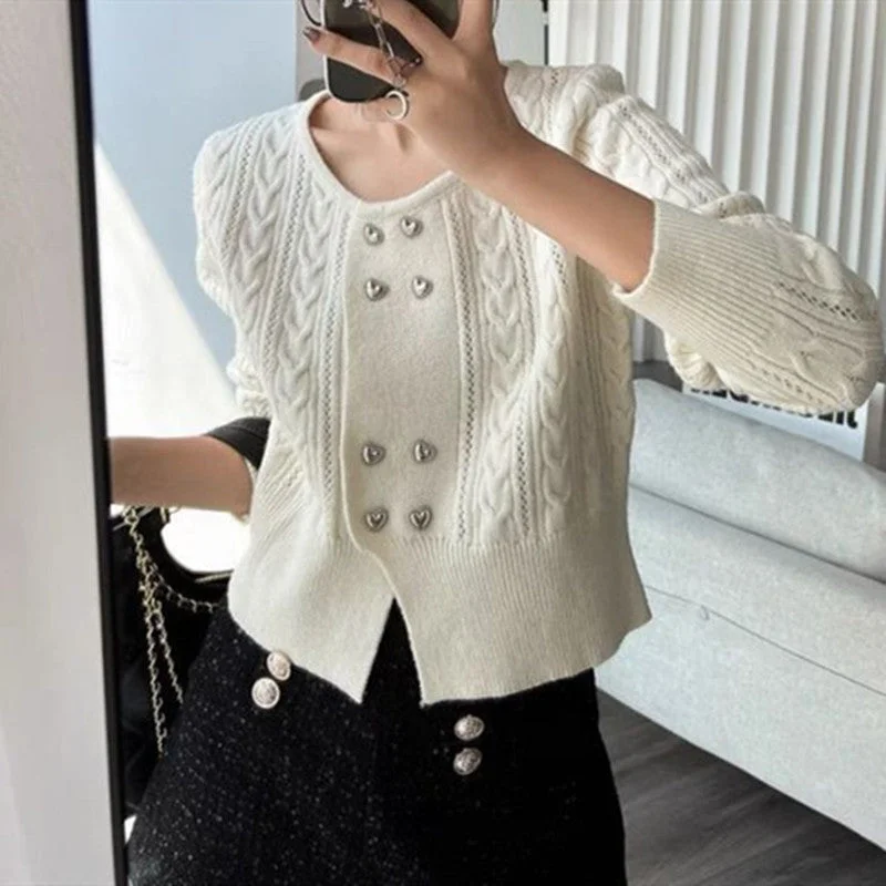NiDELL Retro Crew Neck Double Breasted Love Solid Color Cable-Knit Sweater . New Slimming and Short Knitted Cardigan Top Women Tailored Straight A-Line